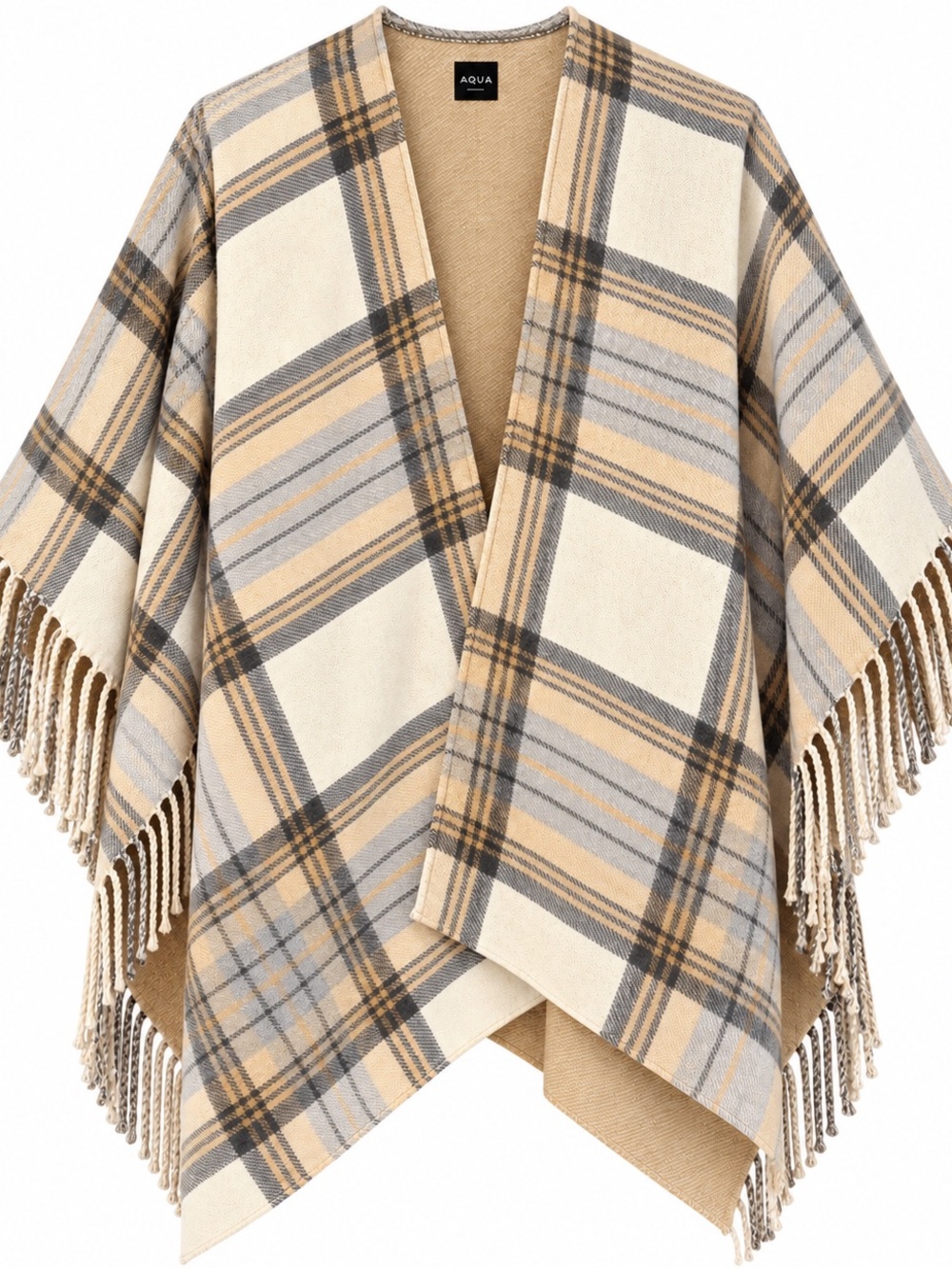 AQUA Plaid Fringe Ruana Poncho Wrap Cream Camel Gray OS
